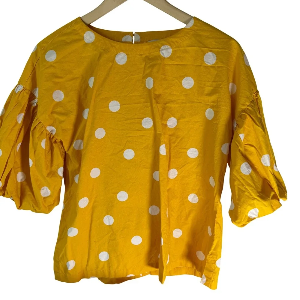 LOFT Yellow Polka Dot Puff Sleeve Blouse Top XS‎ 452455